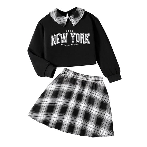 Gaexia Toddler Fall Outfits For Girls ,Girls Spring Outfits Long Sleeve Letter Print Pullover Hoodie Plaid Pleated Skirt Set Casual Two Piece Tween Clothes,8 Years