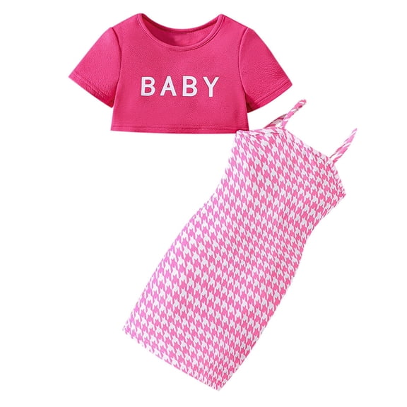 Gaexia Toddler Girl's 2 Piece Short Sleeve Crop Tops And Plaid Print Bodycon Dress Spaghetti Strap Sleeveless Dresses Set,Red,100