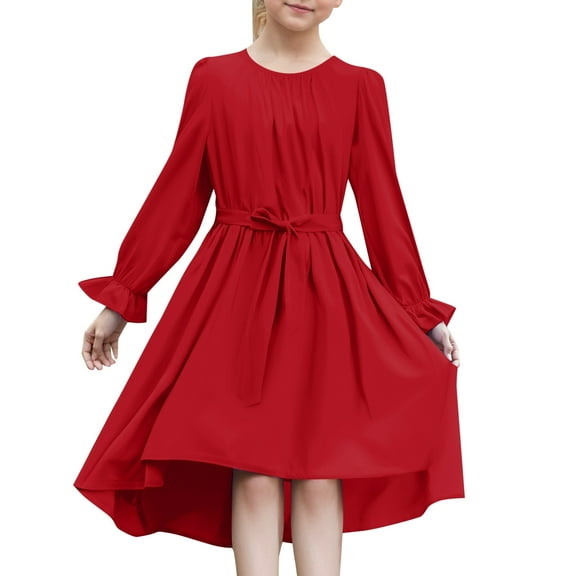 Gaexia Toddler Long Sleeve Dresses,Girls' Long Sleeved Dress Stylish Flowy Semi Formal Party Dress With Belt,Red,11-12Years