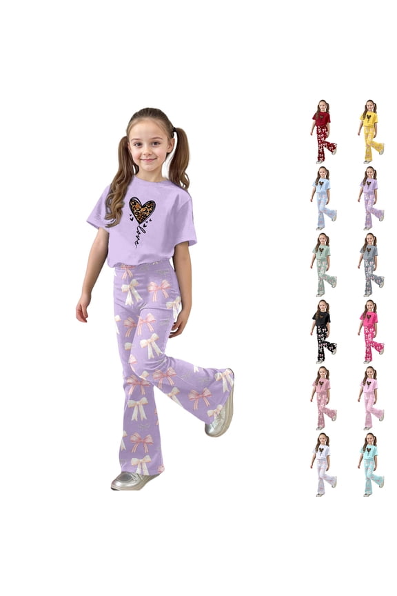 Two Piece Set for Girls,Valentine's Day Girls Outfit Cute Bow Heart Print Short Sleeve Top With Flare Leg Pants Toddler Two Piece Matching Fashion Clothes,9-10 Years