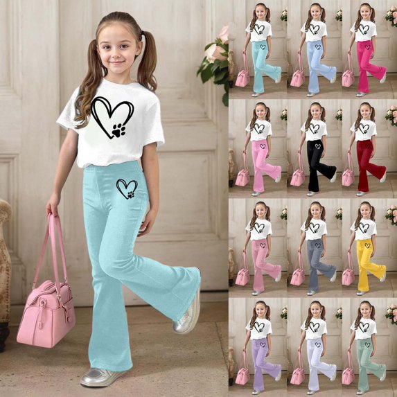 Gaexia Two Piece Sets for Girls,Stylish Girls Casual Outfit Flare Pants and Short Sleeve Top Comfortable Playwear Two Piece Summer Fashion Clothes,130
