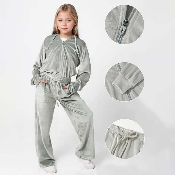 Gaexia Velvet Tracksuit For Girls Cozy Fall Winter Outfit With Hooded Sweatshirt And Jogger Pants Casual Two Piece Athletic Wear,Grey,10-11 Years