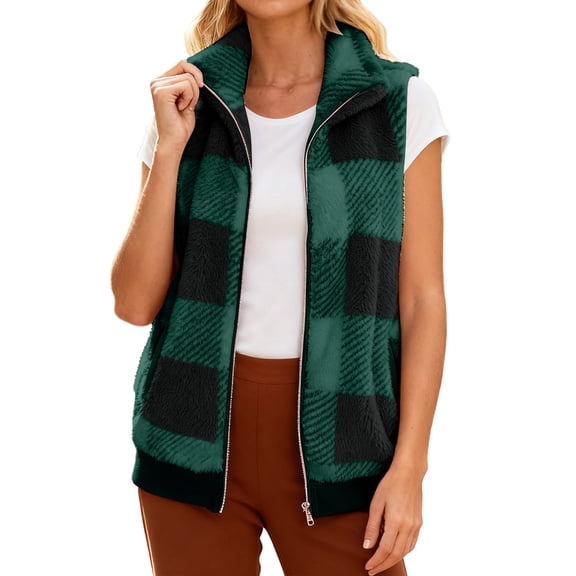 Gaexia Vest for Women Dressy,Plaid Stand Collar Vest Soft Warm Button Up Cardigan Casual Layering Piece for Everyday Outerwear Wear