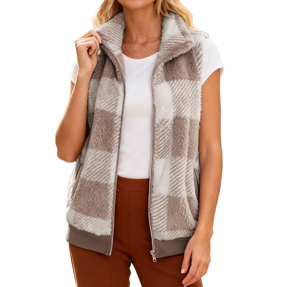 Gaexia Vest for Women Long,Plaid Stand Collar Vest Soft Warm Button Up Cardigan Casual Layering Piece for Everyday Outerwear Wear