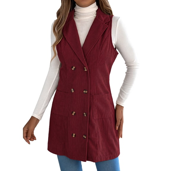 Gaexia Vest for Women Winter,Corduroy Long Vest Winter Fashion Double Design With Pockets Casual Outerwear Coat for Ladies