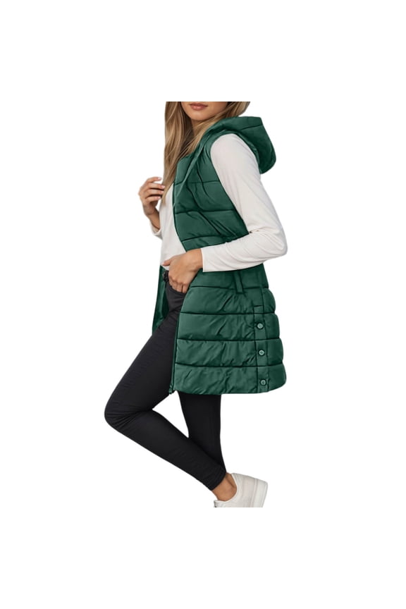 Women's Long Vests Sleeveless Lightweight Zip Puffer Jacket Packable Hooded Down Coat Winter Quilted Vest With Hood