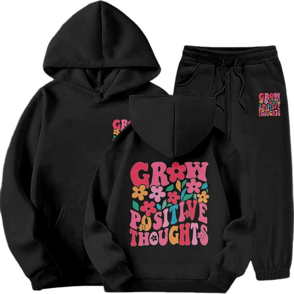 Gaexia Winter Girls Tracksuit Set Fashion Print Hooded Top and Joggers Cozy Outfit for Cold Weather and School Activities,Black,6-7 Years