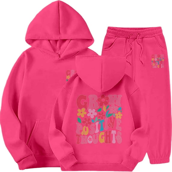 Gaexia Winter Girls Tracksuit Set Fashion Print Hooded Top and Joggers Cozy Outfit for Cold Weather and School Activities,Hot Pink,3-4 Years