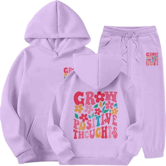 Gaexia Winter Girls Tracksuit Set Fashion Print Hooded Top and Joggers Cozy Outfit for Cold Weather and School Activities,Purple,10-11 Years