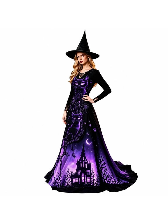 Witch Women Treehouse Thorns Printed Halloween Dress Gothic Victorian Dress for Women, Victorian Party