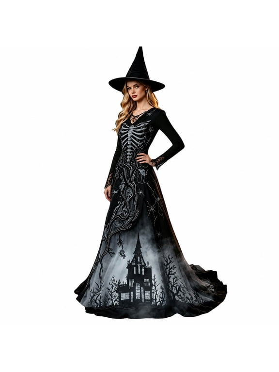 Witch Women Treehouse Thorns Printed Halloween Dress Gothic Victorian Dress for Women, Victorian Party