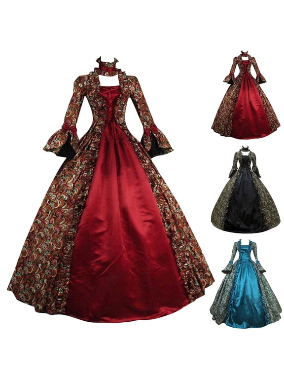 Women Gothic Vintage Princess Dress Long Sleeve Corset Ball Gown Halloween Party Outfit