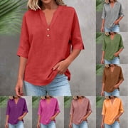 Gaexia Womens Casual Button Front T Shirt For Everyday Comfort Easygoing Style Summer V Neck Solid Short Sleeve Top RD4,M