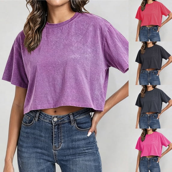 Gaexia Women's Casual Cropped T-Shirt Loose Fit Short Sleeve Summer Round Neck Athletic Top (Black,XL)