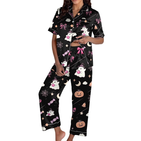 Gaexia Women‘s Halloween Print Pajama Set Short Sleeve Long Pants Satin V-Neck Button Down Casual Loungewear Sleepwear Pajama Set