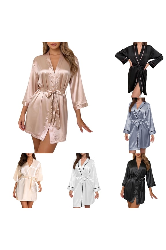 Women's Kimono Robe Short Satin Bath Robe Elegant Wedding Party Satin Kimono Robe for Bridesmaids and Bride with Embroidered Detailing