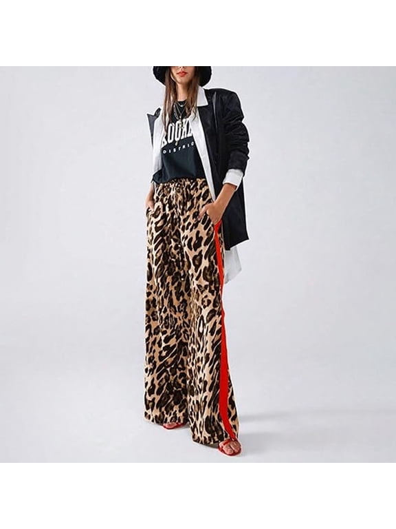 Women's Leopard Print Wide Leg Pants, Drawstring Side Stripe Casual Loose Trousers for Summer, Soft Polyester Fabric, for Daily Casual Wear