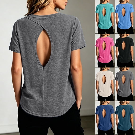 Gaexia Women's Lightweight Backless Yoga Tee Breathable Summer Workout Top Gym Training Quick Drying Fitness Shirt (Beige,M)