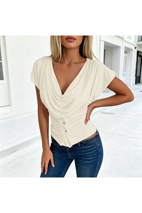 Women’s Off Shoulder Draped Neck Slim Fit Short Sleeve T Shirt Two Way Styling Casual Tee (Beige,S)