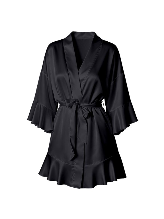 Women's Satin Flounce Ruffle Bathrobe Long Sleeve Belted Robe Elegant Soft Comfortable Bridal Morning Loungewear Sleepwear For Wedding Home Relaxation