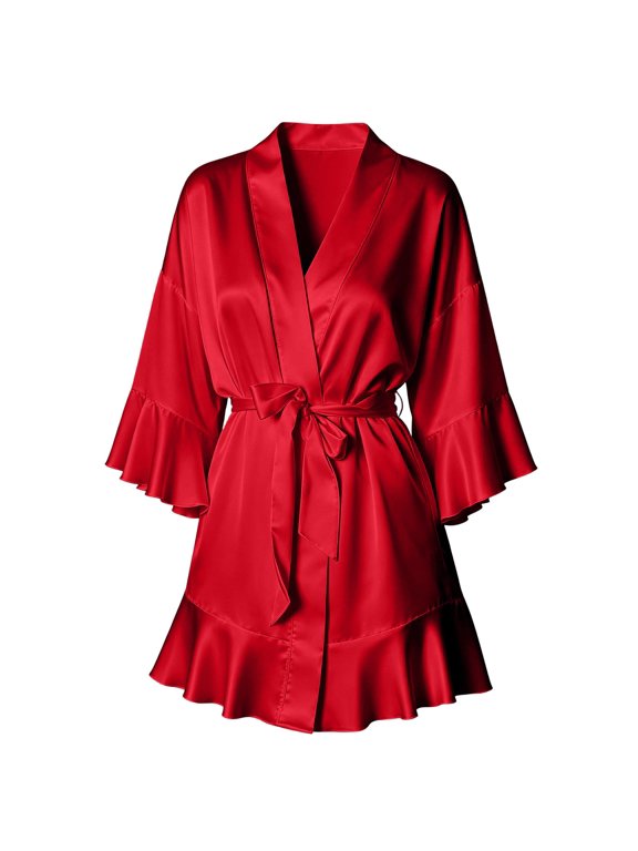 Women's Satin Flounce Ruffle Bathrobe Long Sleeve Belted Robe Elegant Soft Comfortable Bridal Morning Loungewear Sleepwear For Wedding Home Relaxation
