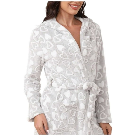 Gaexia Womens Robe Plush Hooded Heart Print Flannel Robe Cozy Loungewear For Cold Weather Comfortable Soft Kimono Bathrobe Indoor Outdoor Wear
