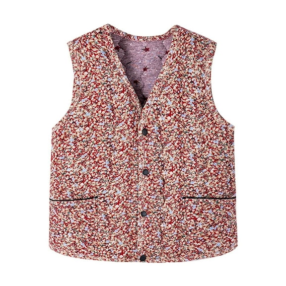 Gaexia Womens Vest Jacket,Warm Quilted Floral Print Sleeveless Jacket Lightweight Padded Gilet Women Outerwear Vest for Autumn Winter