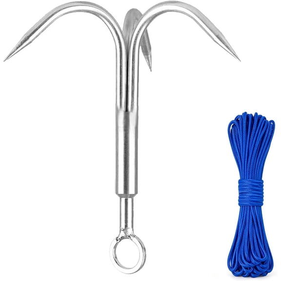 Gaff Hook, Grappling Hook with Rope, 50FT Nylon Rope, Stainless Steel 3-Claw Grapple Hook for Retrieval, Salvage & Magnet Fishing Small Grappling Hook