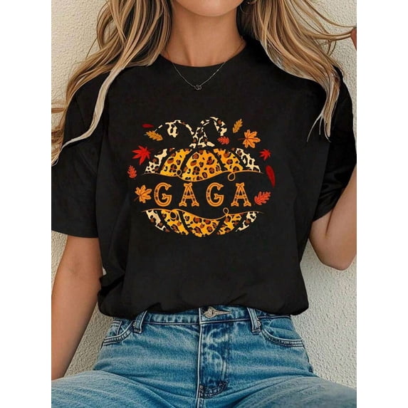 Gaga Pumpkin Leopard Grandma Buffalo Plaid Fall Autumn Women T‑Shirt