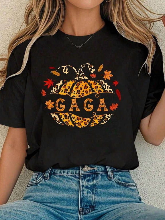 Gaga Pumpkin Leopard Grandma Buffalo Plaid Fall Autumn Women T‑Shirt