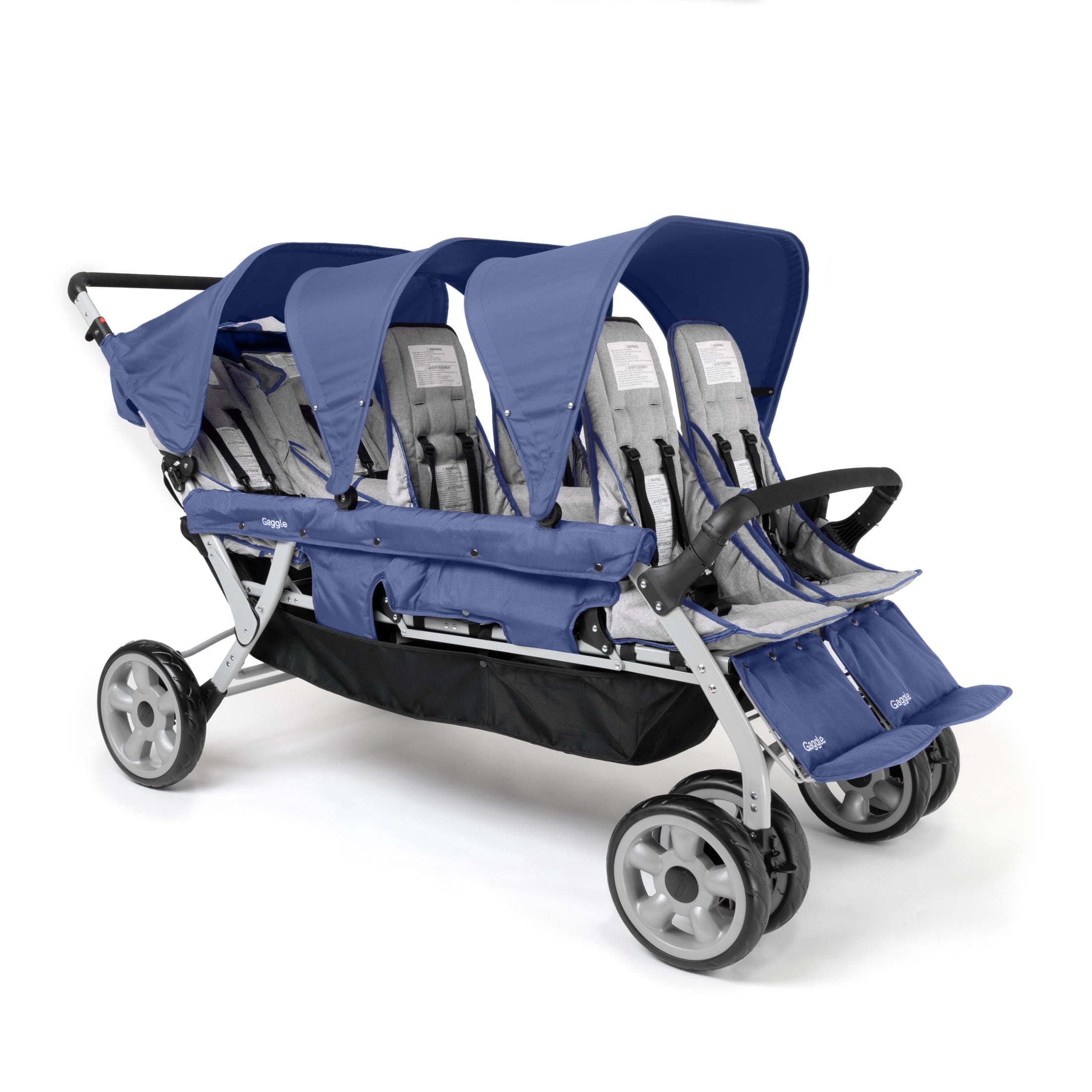 Foundations Gaggle Jamboree 6-Seat Folding Daycare Stroller with Canopies, Reclining Seats, Navy/Gray