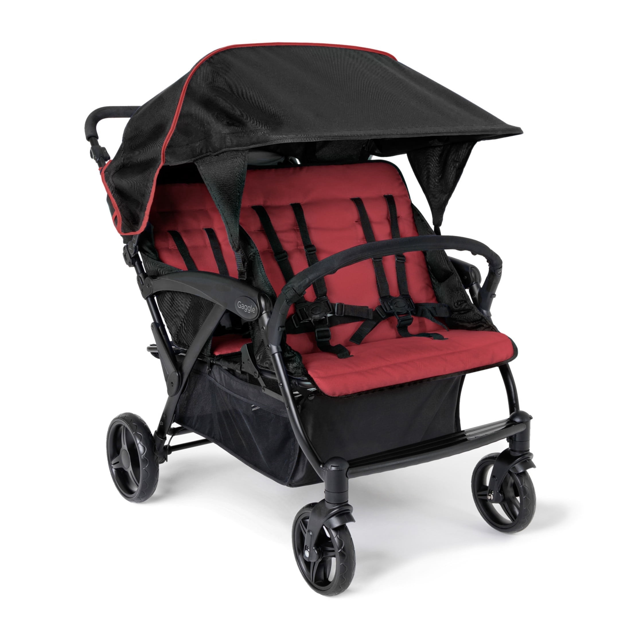 Foundations Gaggle Odyssey 4-Seat Quad Stroller, Reclining Bench Seats with Canopy, Red/Black​