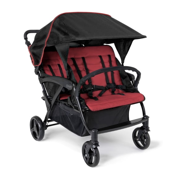 Foundations Gaggle Odyssey 4-Seat Quad Stroller, Reclining Bench Seats with Canopy, Red/Black