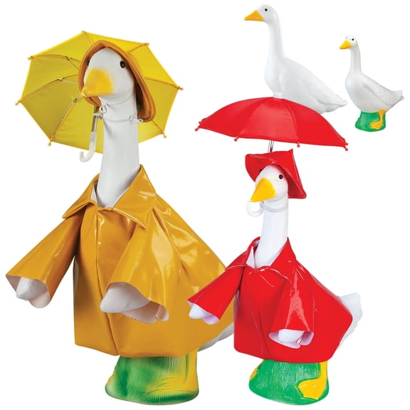 Gaggleville Goose Raincoat Bundle, Includes 1 Large 23" White Goose, 1 Baby 17" White Goose and 2 Outfits - 1 Baby & 1 Large Raincoat Goose Outfit Included, by Fox Valley Traders