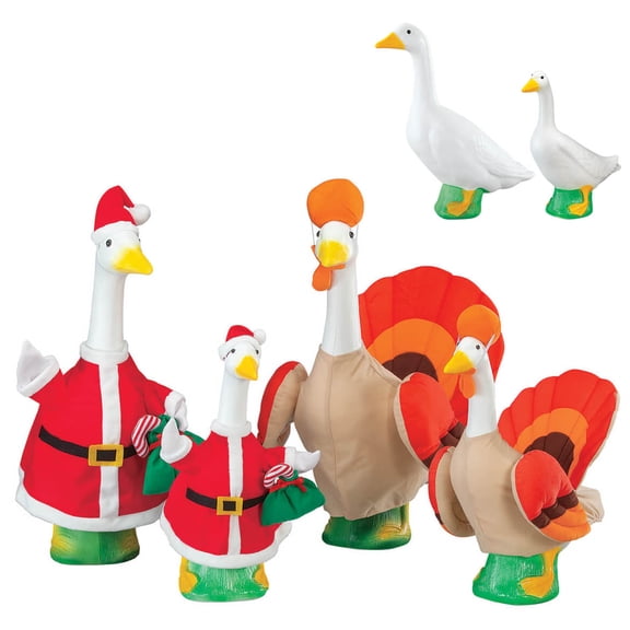 Gaggleville Goose Santa and Turkey Bundle, Includes 1 Large 23" White Goose, 1 Baby 17" White Goose and 4 Outfits - Large Santa, Baby Santa, Large Turkey, Baby Turkey Goose Outfits Included, by Fox V