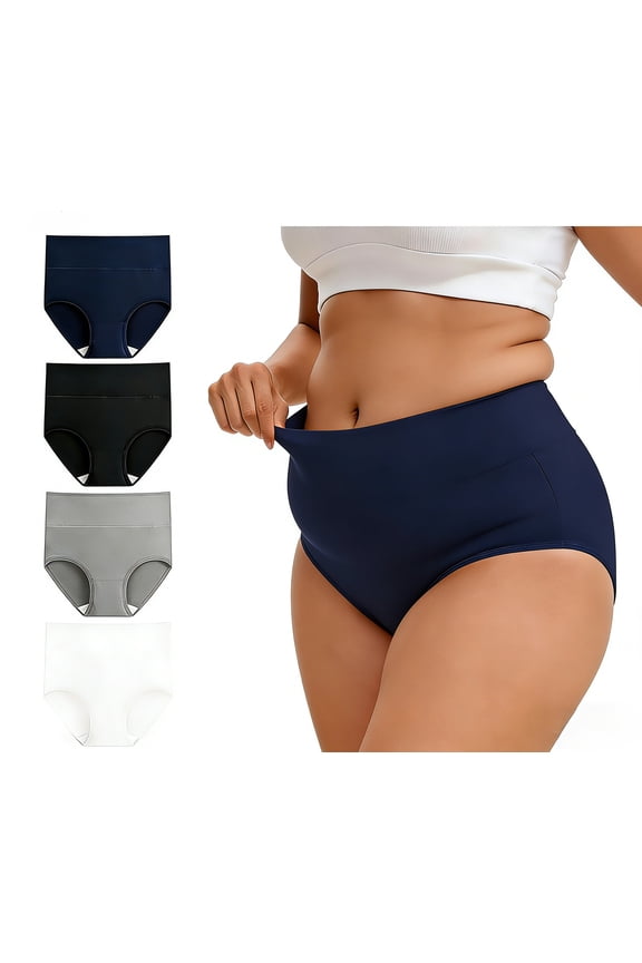 Plus Size High-Waisted Briefs - Smoothing & All-Day Comfort 4 Pack Black+White+Grey+Navy 3XL
