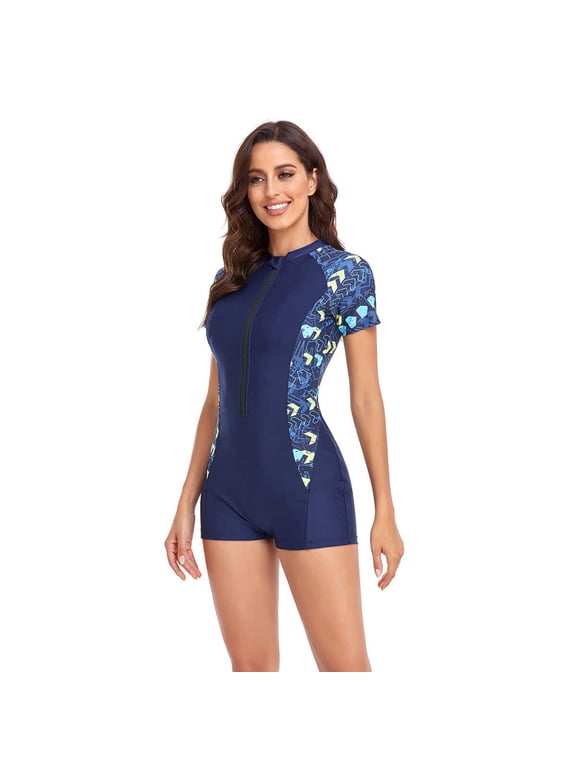 Women's Rash Guard Surf Suit - Geometric Print, Zipper Front Blue XL
