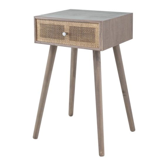 Gaia 28 Inch Pine Wood Side End Table, Gliding Rattan Drawer, Oak Gray