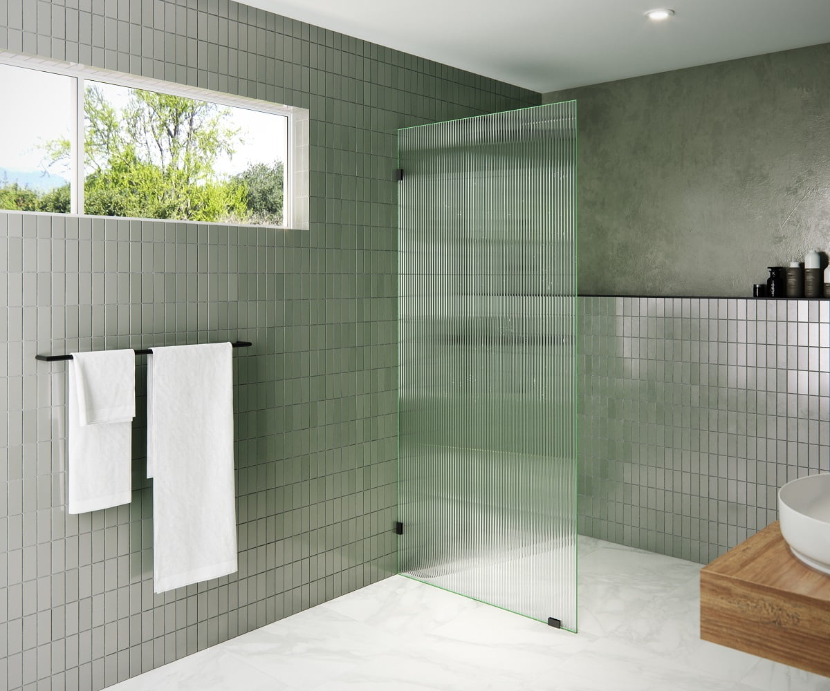 Gaia 36" x 78" Frameless Fluted Frosted Glass Shower Panel with Matte Black Hardware