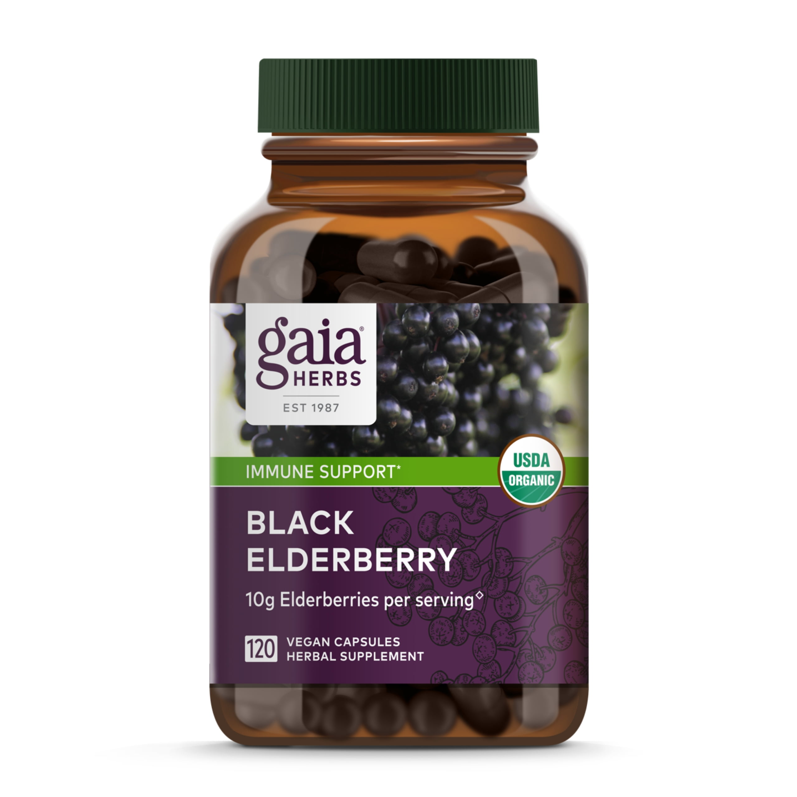 Gaia Herbs Organic Black Elderberry Vegan Capsules, 120 Count