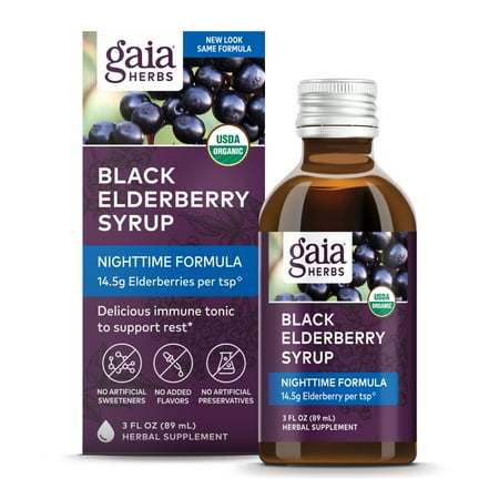 Gaia Herbs, Black Elderberry NightTime Syrup, Immune Support for Restful Sleep, Organic Sambucus Elderberry Supplement, 3 Ounce