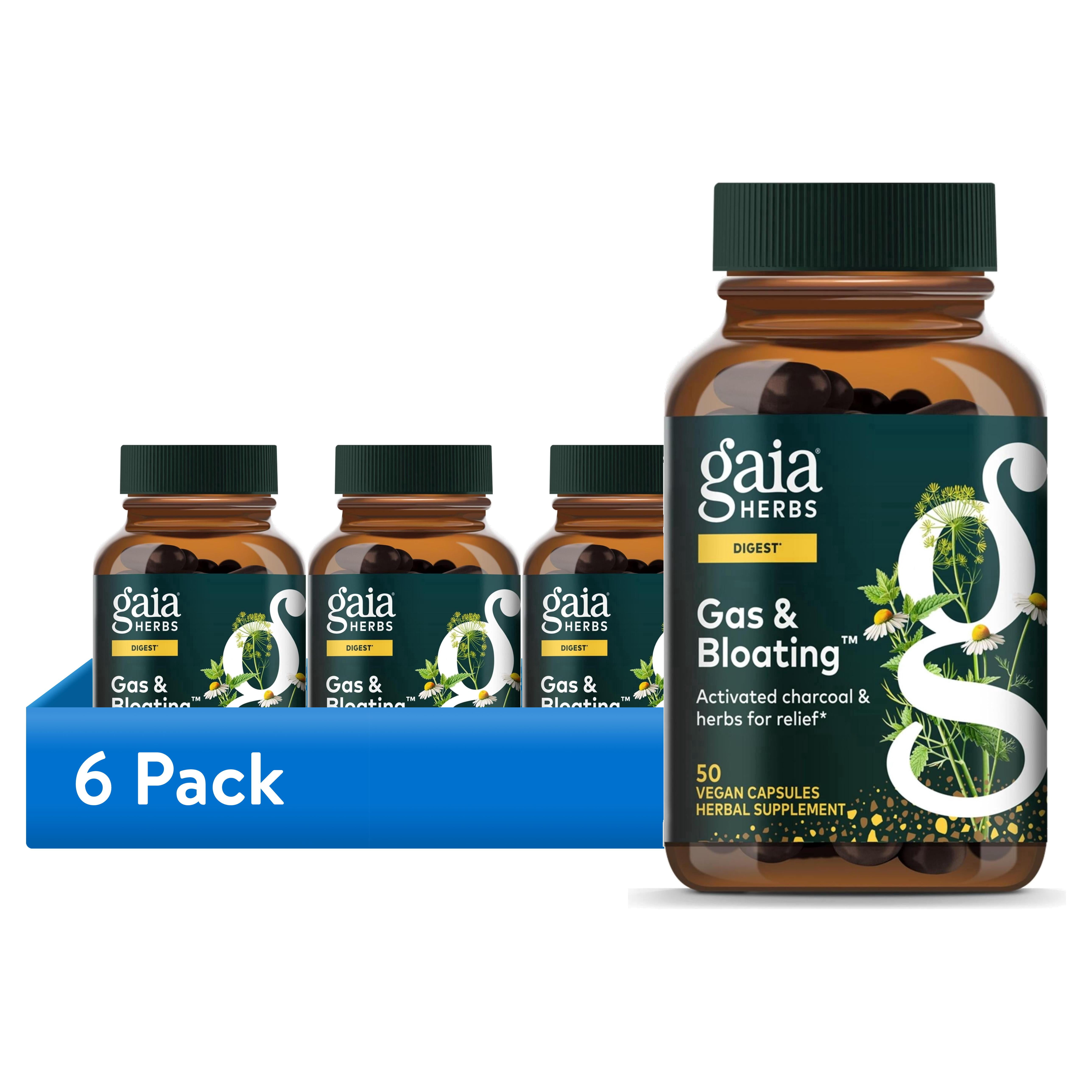 (6 pack) Gaia Herbs Gas & Bloating - Provides Relief from Occasional Gas & Bloating* - With Activated Charcoal, Fennel & Chamomile - 50 Vegan Capsules (25 Servings)