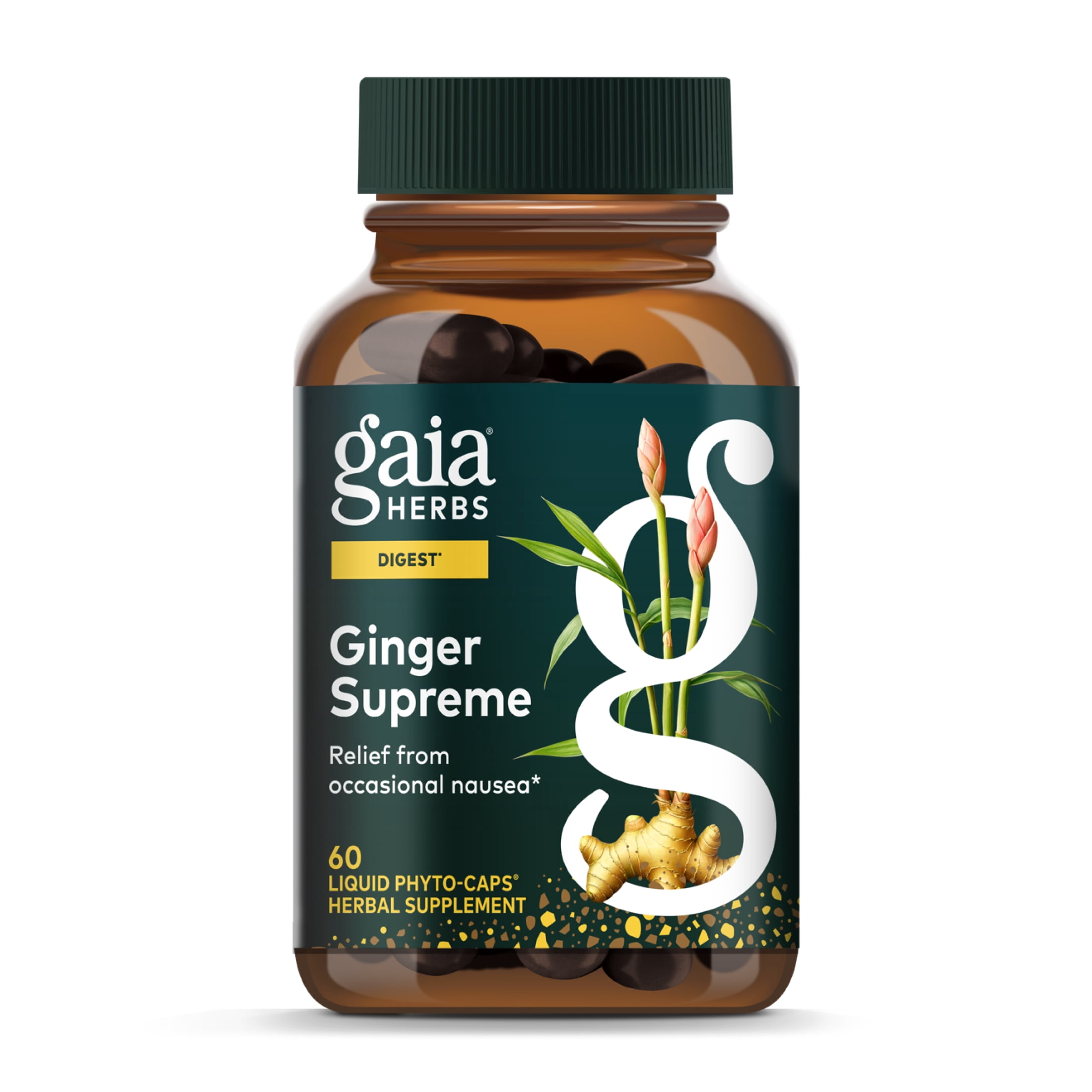 Gaia Herbs Ginger Supreme - Supports Healthy Digestion & Relieves Occasional Nausea* - With Organic Ginger Root & Turmeric Root - 60 Vegan Liquid Phyto-Caps (60 Servings)