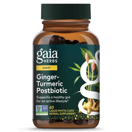 Gaia Herbs Ginger-Turmeric Postbiotic - Healthy Gut Support* - 60 Vegan Liquid Phyto-Caps (30 Servings)