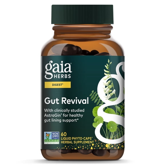 Gaia Herbs Gut Revival - Herbal Supplement to Support Healthy Gut Lining* - Made with AstraGin, Gotu Kola, Jujube & More - Free from Dairy, Soy & Gluten - 60 Vegan Liquid Phyto-Caps (60 Servings)