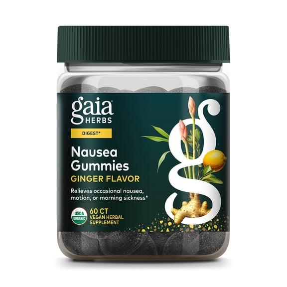 Gaia Herbs Nausea Organic Gummy - Relieves Occasional Nausea - With Ginger and Lemon - 60 Vegan Gummies (30-day Supply)