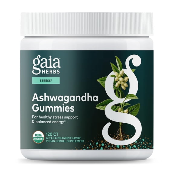 Gaia Herbs Organic Ashwagandha Gummies, Stress Support, Cinnamon, Ginger, Gluten Free, Vegan, 120 Count