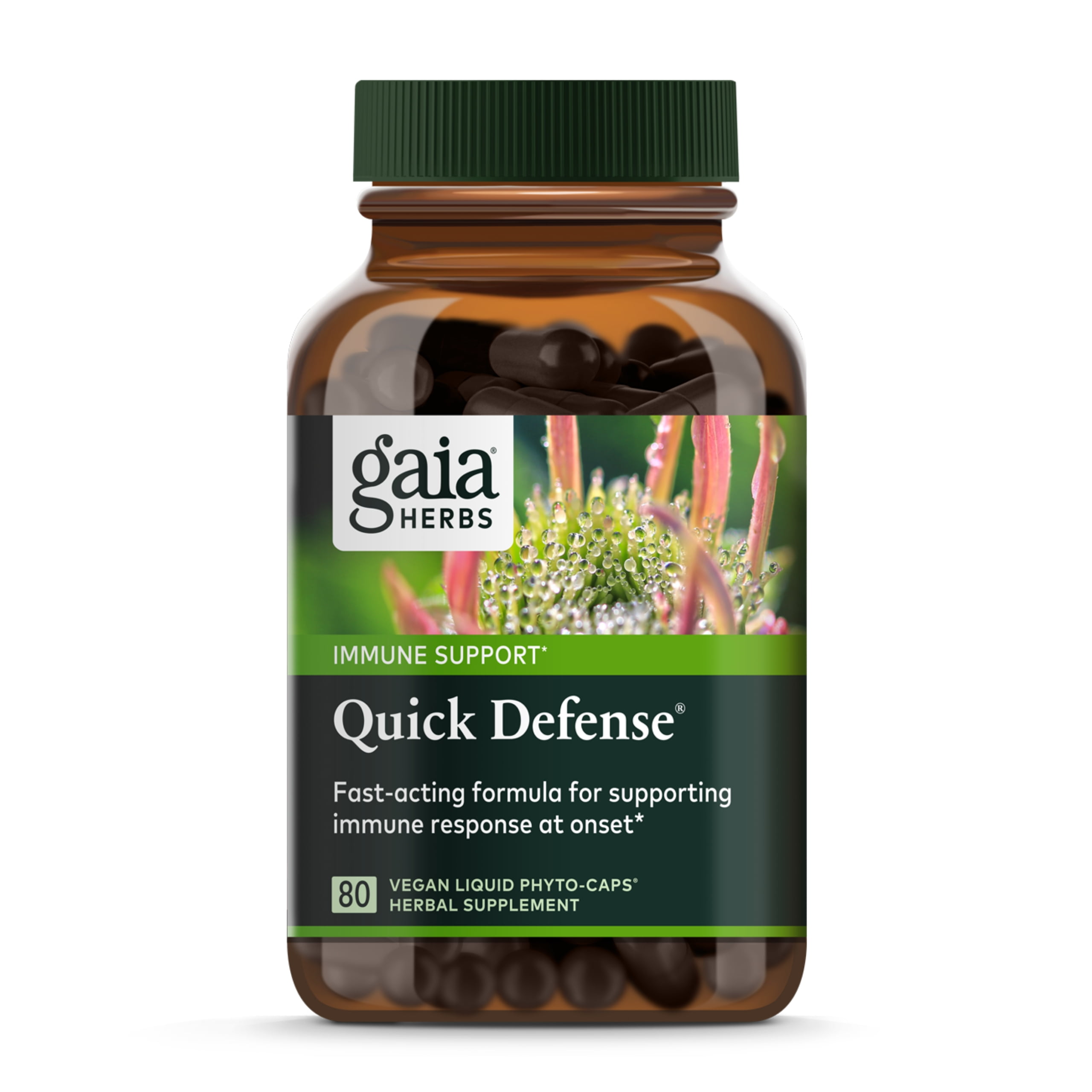 Gaia Herbs, Quick Defense, Fast-Acting Immune Support, echinacea, Ginger Root, Sambucus Black Elderberry, Vegan Liquid Phyto Capsules, 80Count
