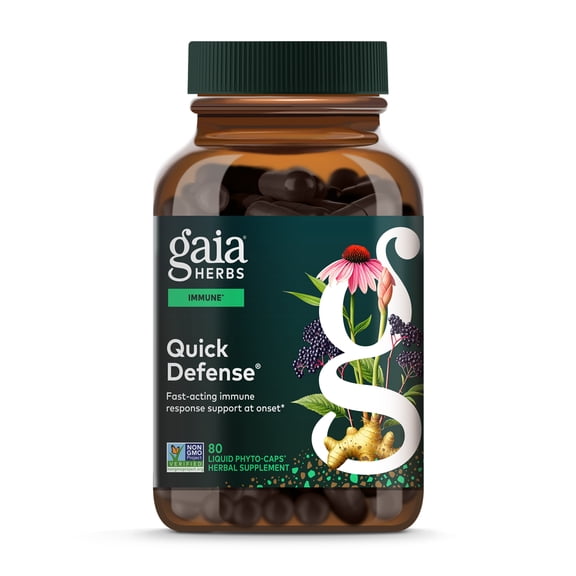 Gaia Herbs Quick Defense - Fast-Acting Immune Support Supplement* - Echinacea, Black Elderberry, Ginger & Andrographis - 80 Vegan Liquid Phyto-Caps (40 Servings)