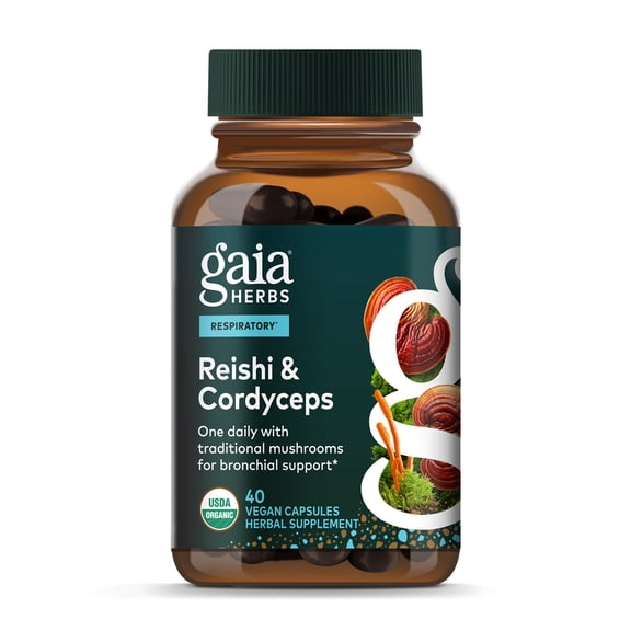 Gaia Herbs Respiratory Adaptogenic Mushroom Blend, Organic Reishi, Cordyceps, No Grain & Rice Fillers, Dual Extracted, Vegan Herbal Supplement, 40-Count